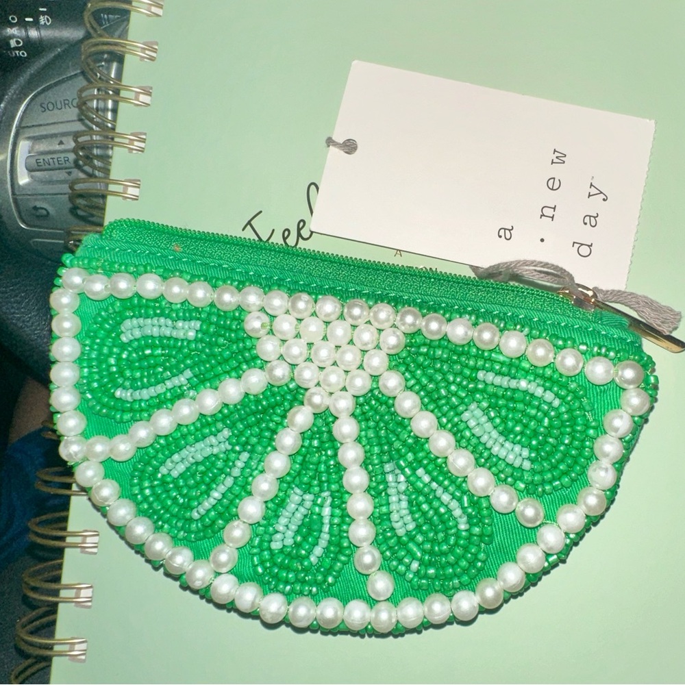 Green Beaded Lime Citrus Coin Card Pouch